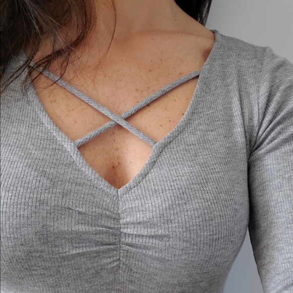 Grey ribbed cris cross bodysuit - Picture 5 of 8